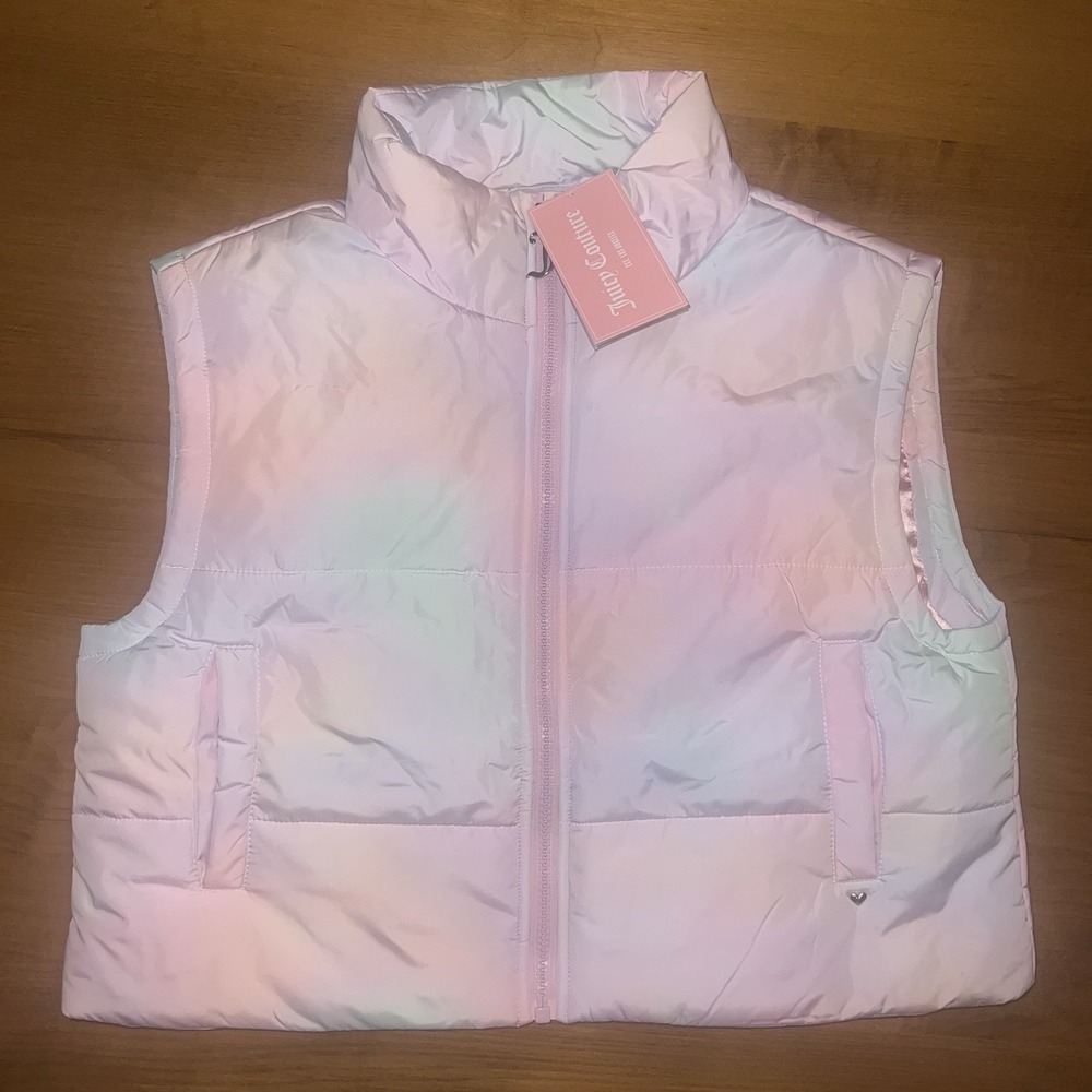 NEW Juicy Couture Womens XL Rainbow Cloud Puffer Vest Boxy Zip Jacket Y2K‎